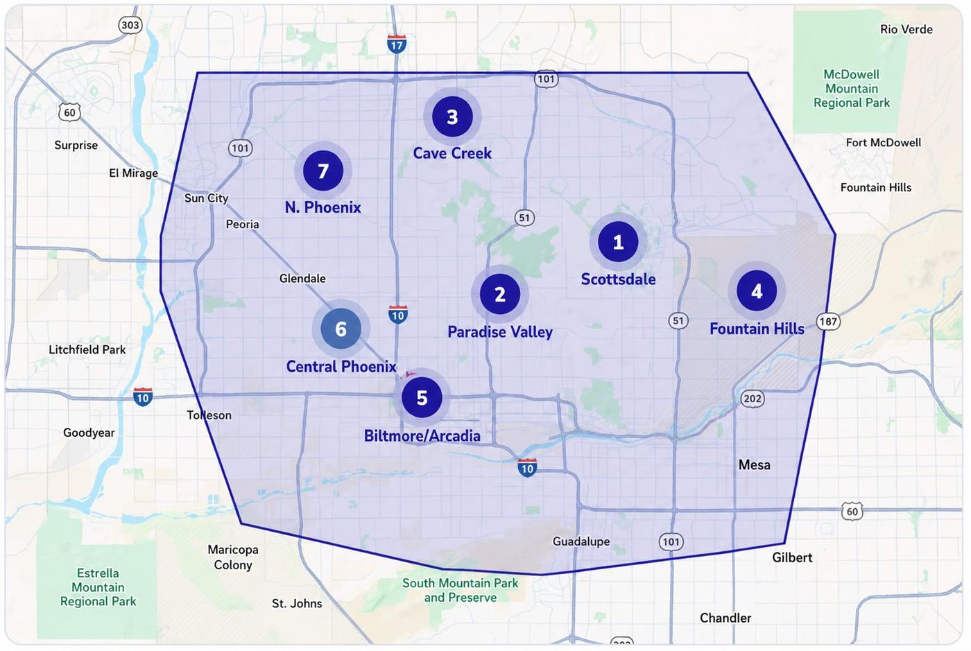 Complete Pool Care service area map showing Scottsdale, Paradise Valley, Cave Creek, Fountain Hills, Biltmore, Central Phoenix, and North Phoenix